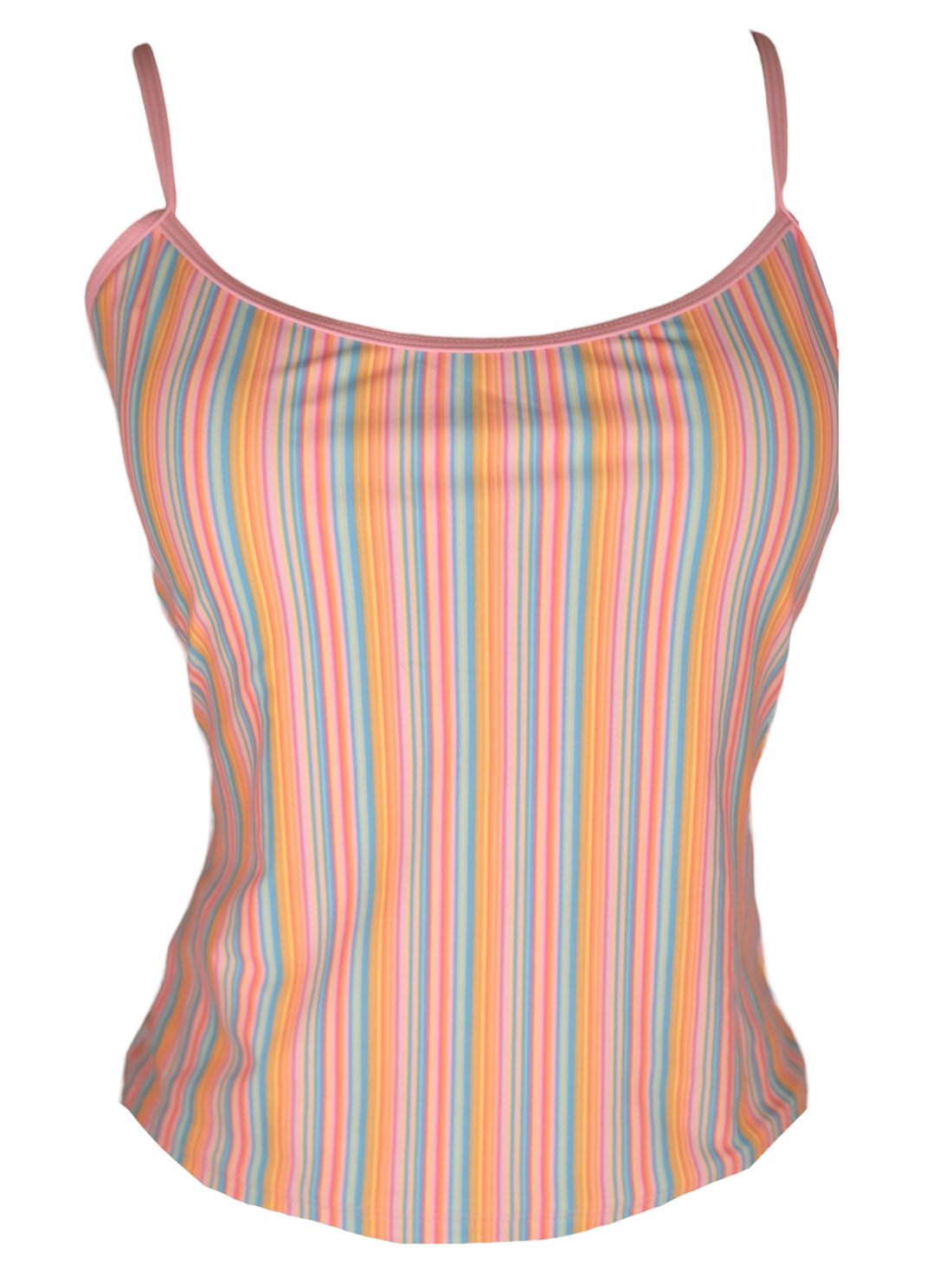 Multicolor candy stripe tankini top with spaghetti straps, front view