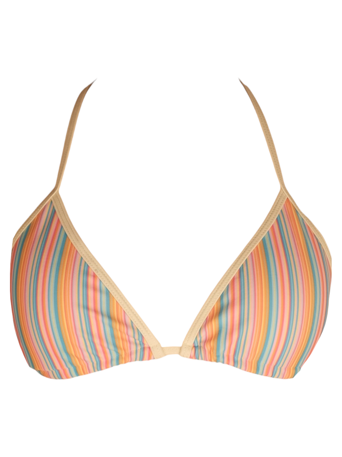 Pastel rainbow stripe triangle bikini top with cream trim, front view