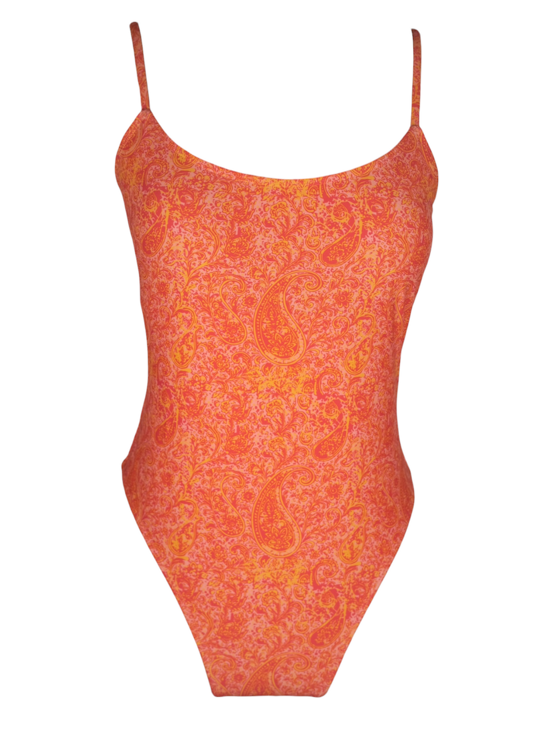 Orange paisley one piece swimsuit with scoop neck and thin straps