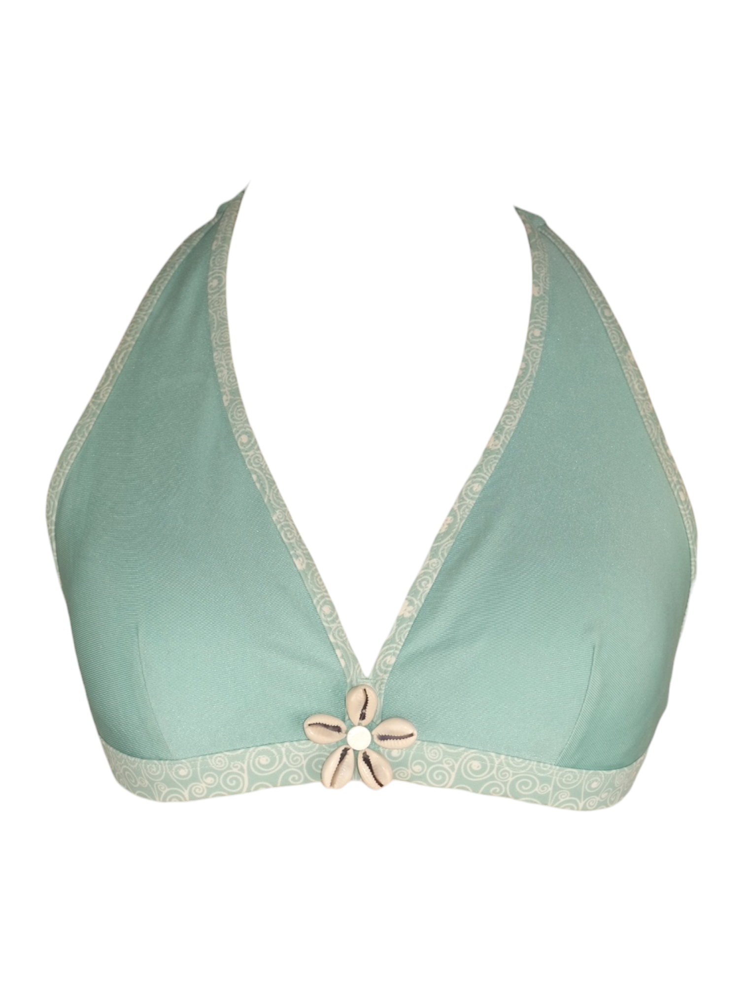 Aqua halter bikini top with cowrie shell flower, front view on white