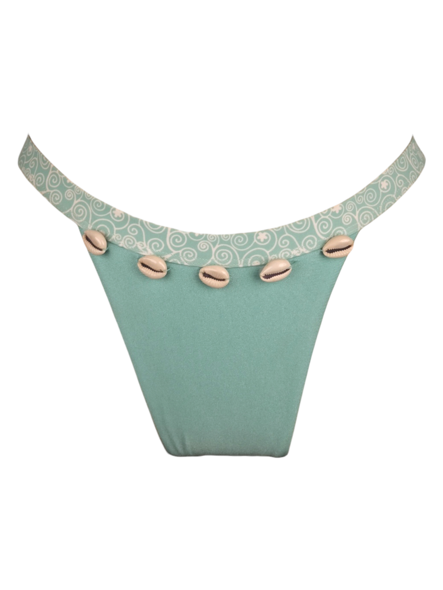Wave Break Bikini Bottom in aqua, cheeky cut with cowrie shell trim along the waistband. Front view.