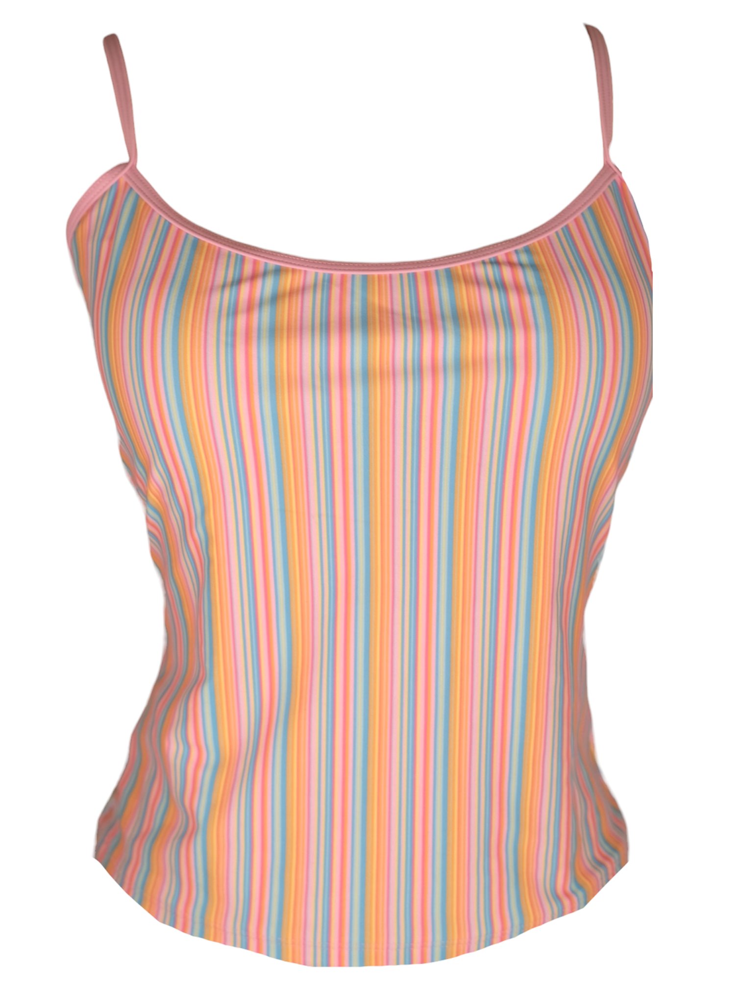 Treat Time Tankini Top in multicolor candy stripe, spaghetti straps with scoop neck. Front view.