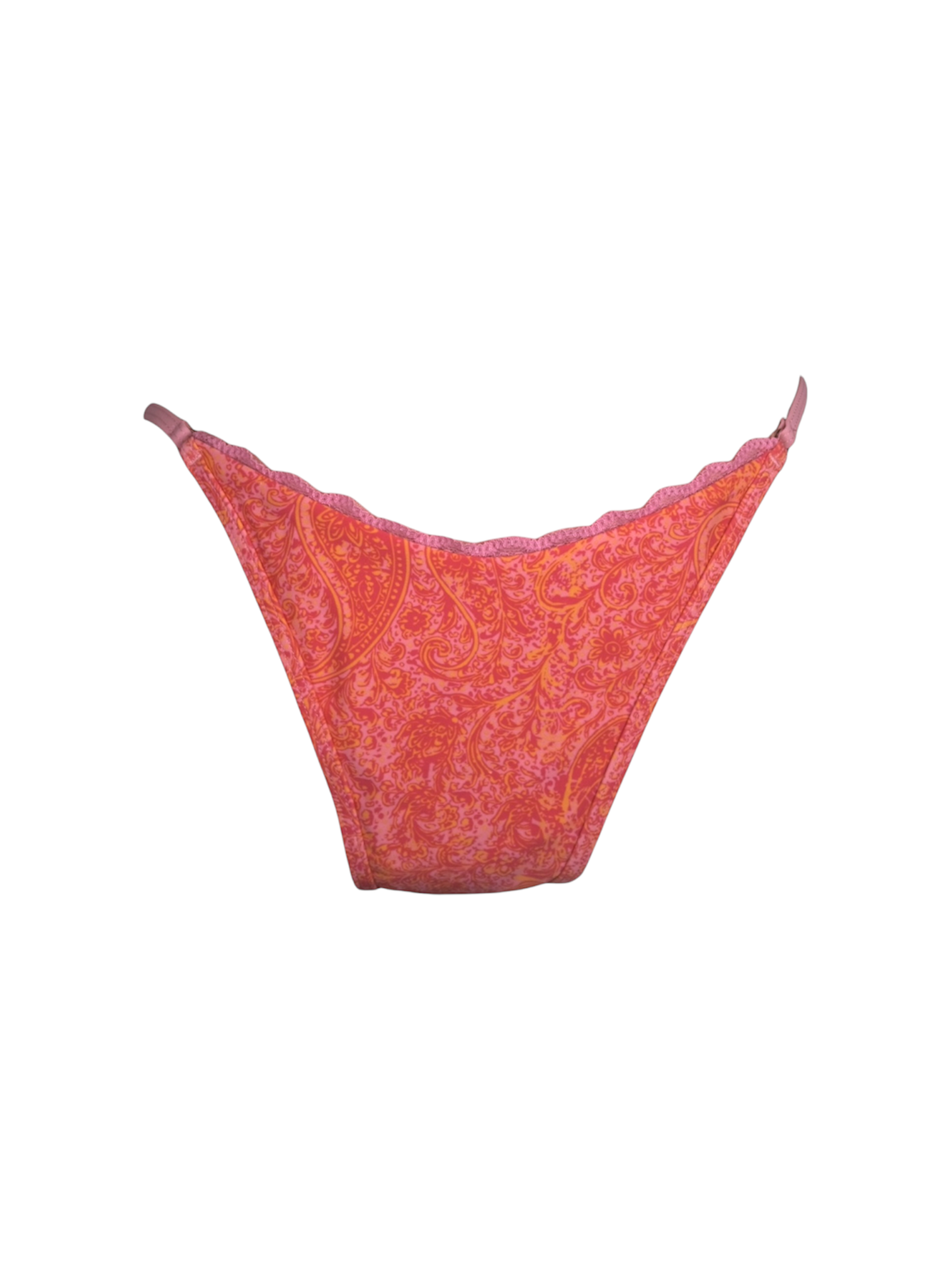 Tan Session Bikini Bottom in coral paisley, cheeky cut with scalloped pink trim. Front view.