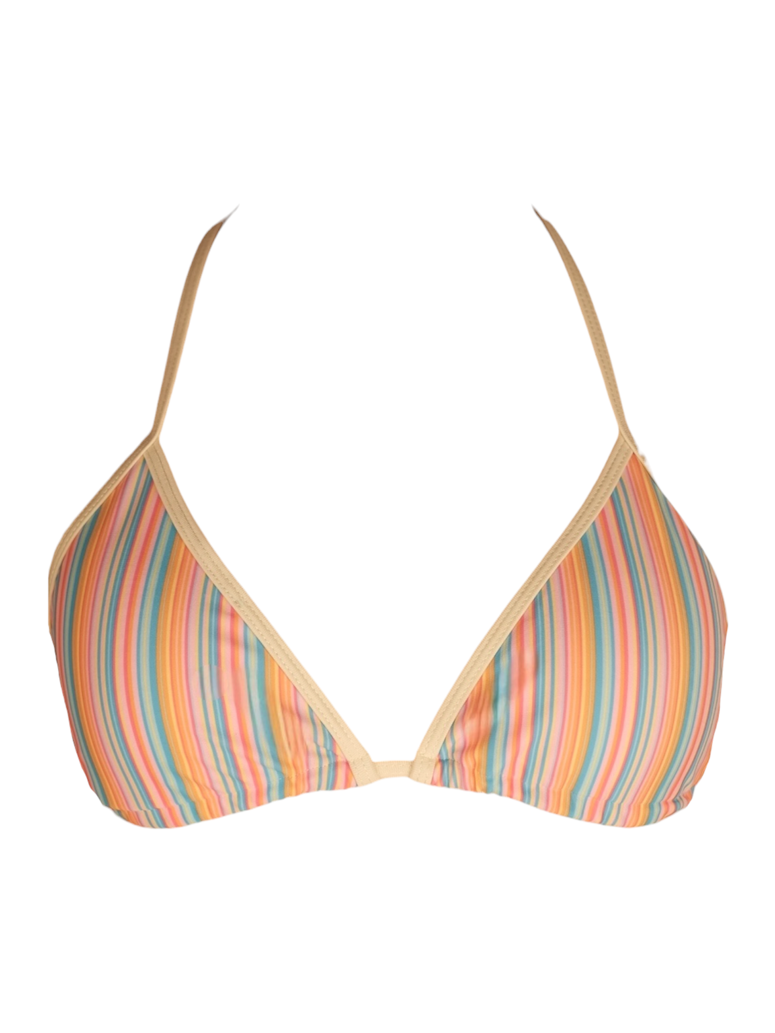 Sweet Escape Bikini Top, pastel stripe triangle bikini. Side view.