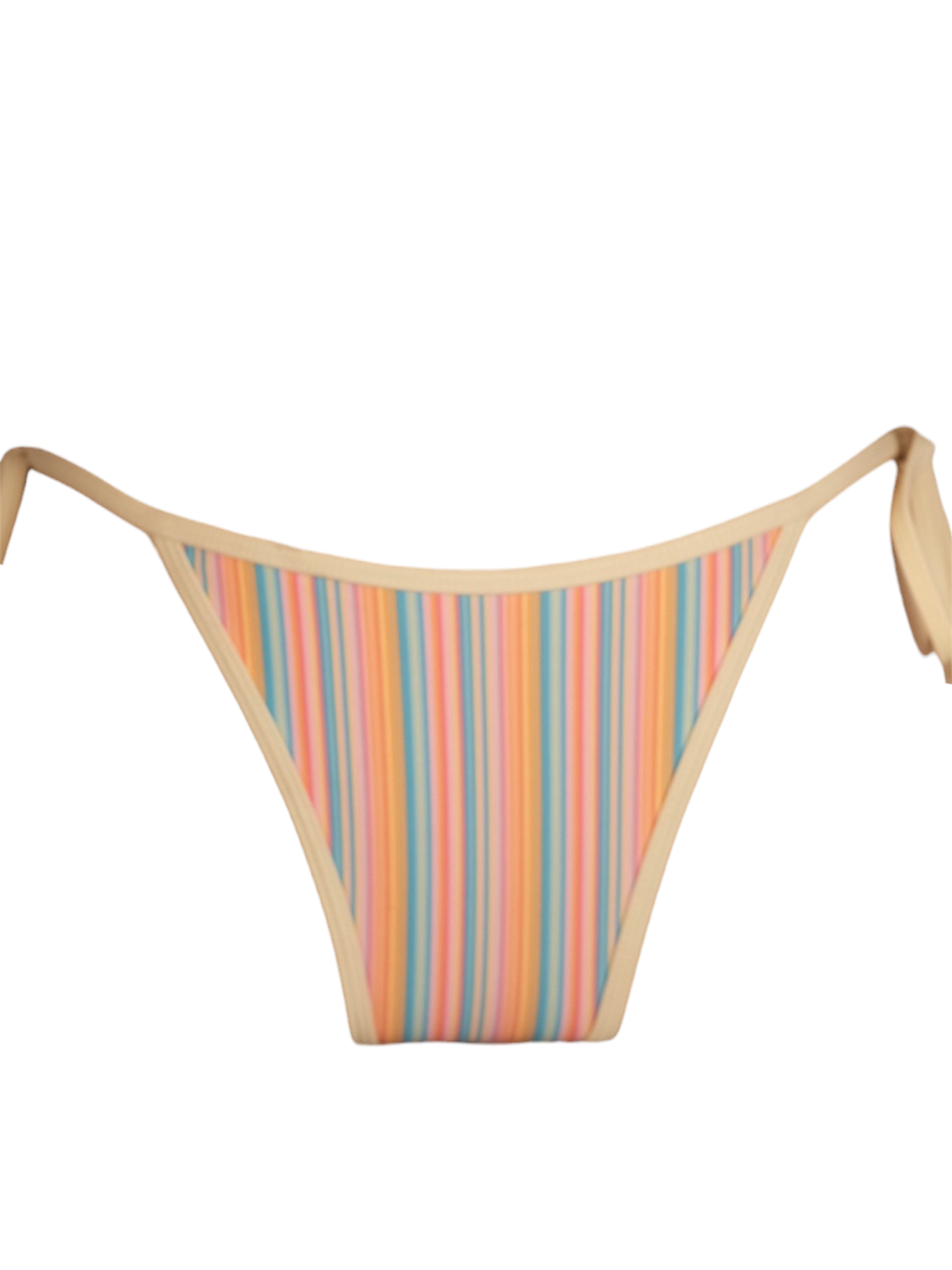 Sweet Escape Bikini Bottom, pastel stripe string bikini. Side view.