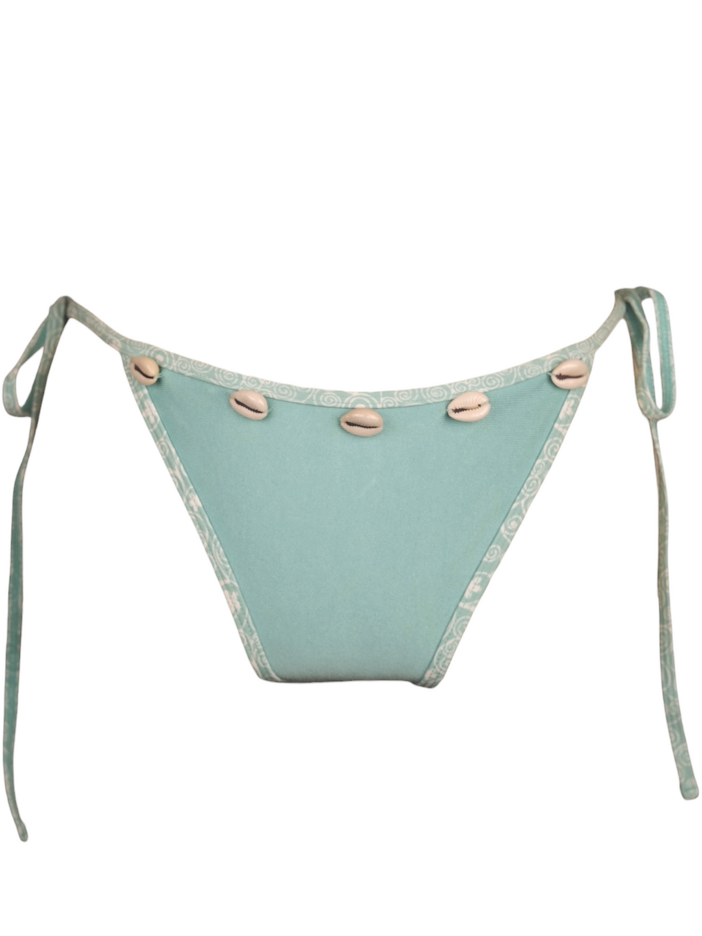 Beach Date Tankini Bottom in aqua, V cut bottom with side ties and cowrie shell trim. Front view.