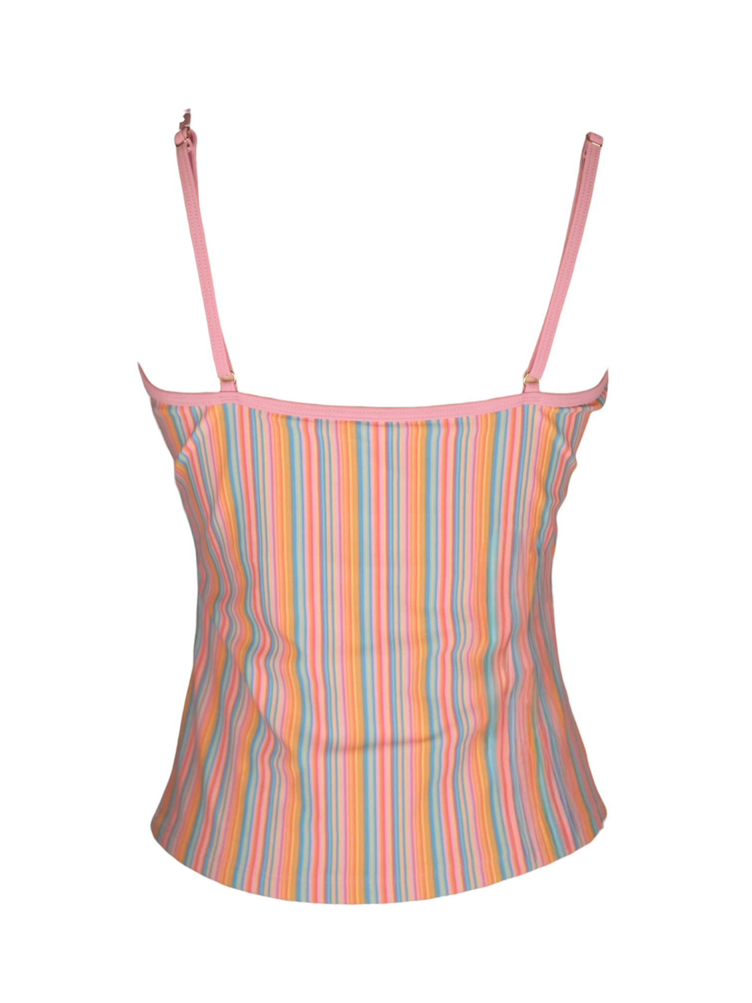 Treat Time Tankini Top in candy stripe. Back view.