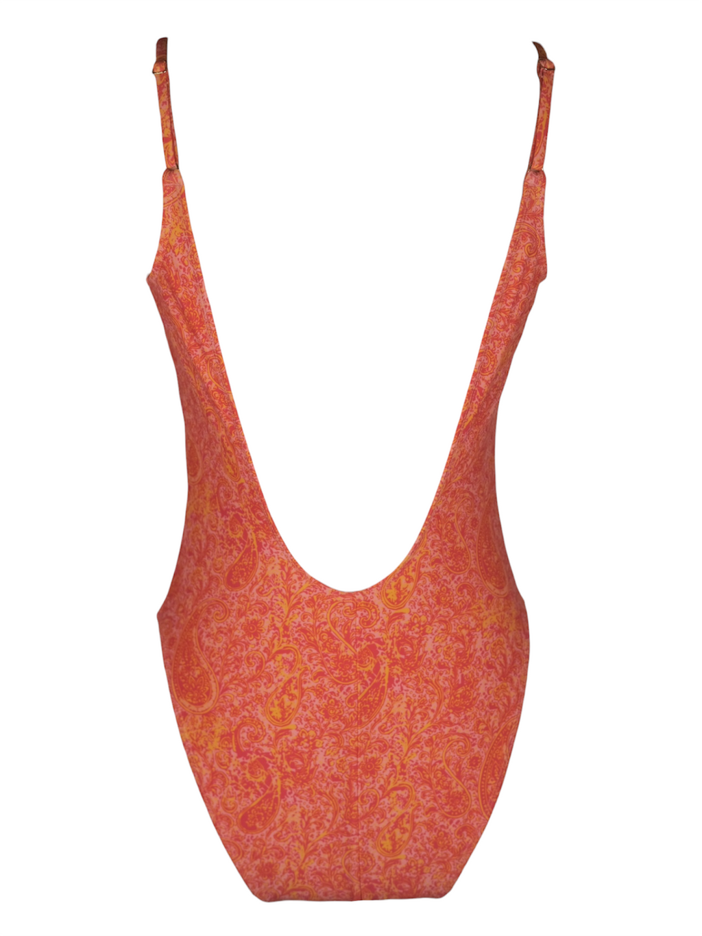After Five One Piece in orange paisley. Back view.