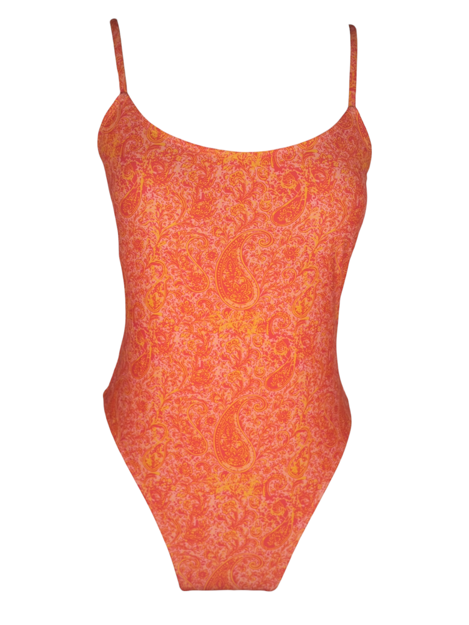 After Five One Piece in orange paisley print, thin straps and scoop neck with high cut leg. Front view.