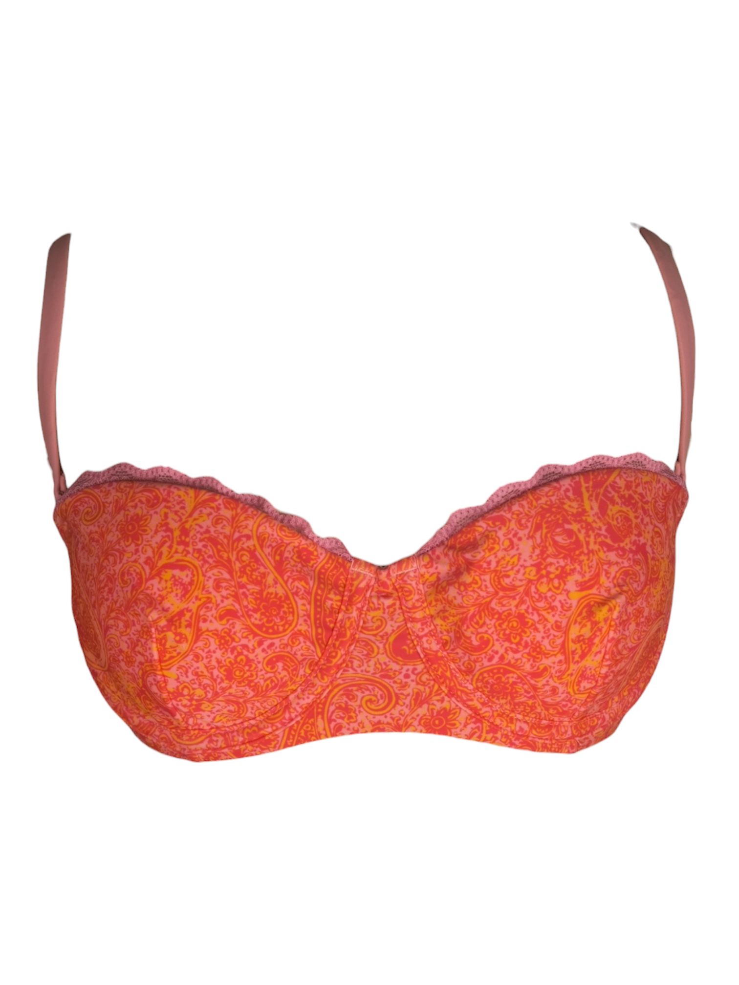 Tan Session Bikini Top in coral paisley, balconette with scalloped pink trim. Front view.