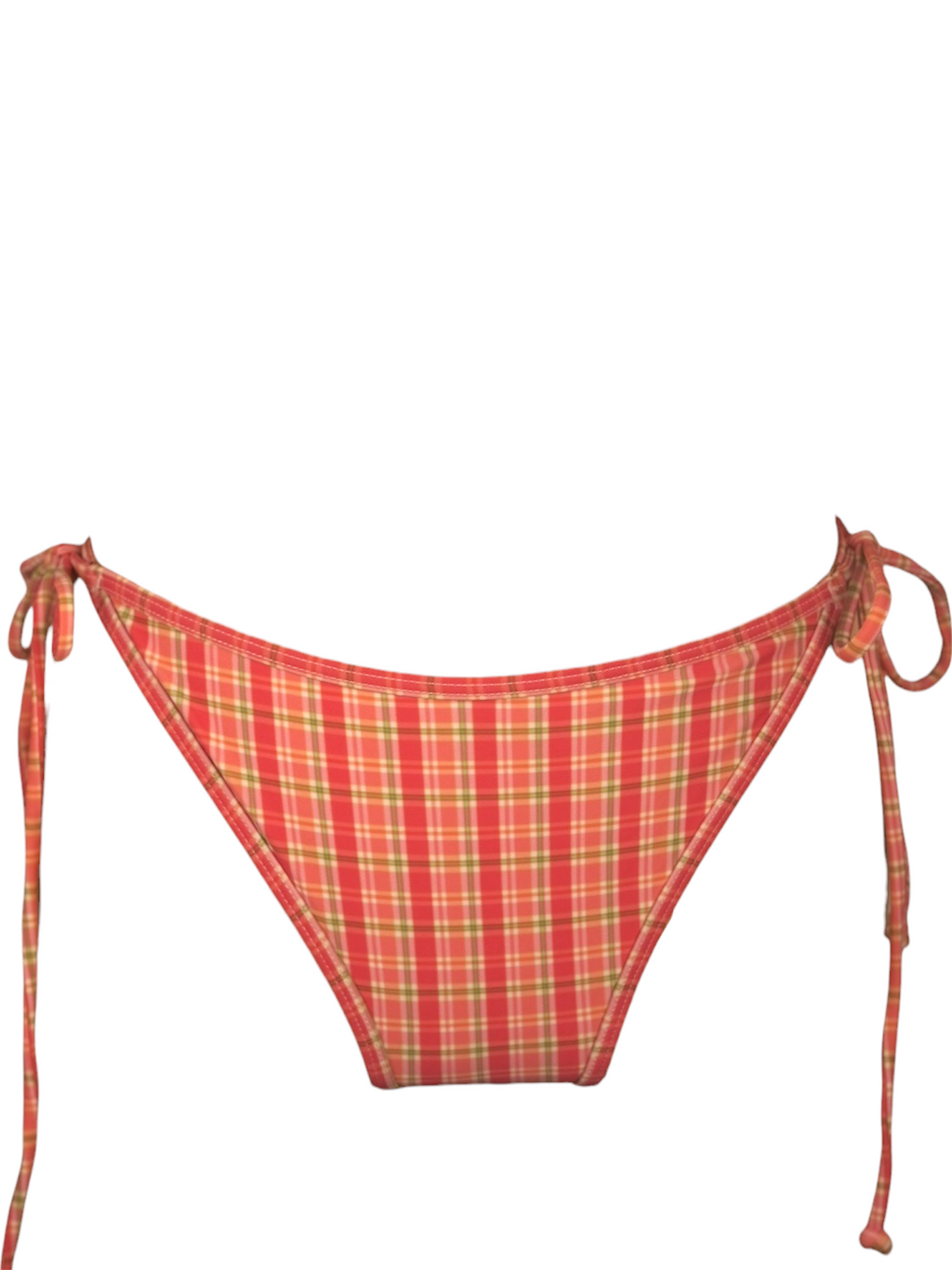 Checked Out Bikini Bottom in coral pink plaid, side tie bikini with cheeky cut. Front view.