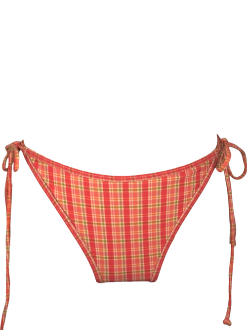 Checked Out Bikini Bottom in coral pink plaid, side tie bikini with cheeky cut. Front view.
