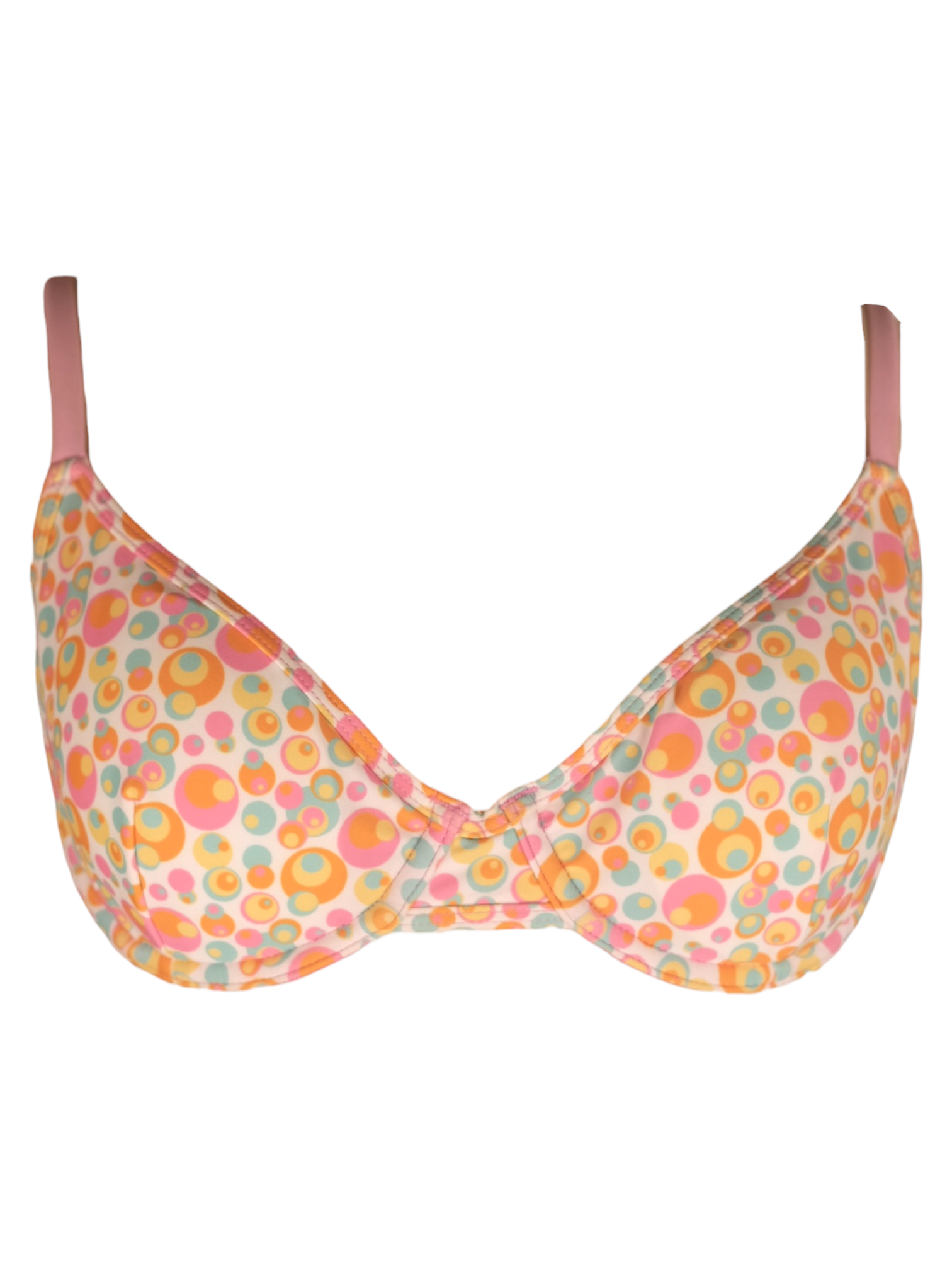 Weekend Spot Bikini Top in multicolor bubble dot print, balconette shape with pink straps. Front view.