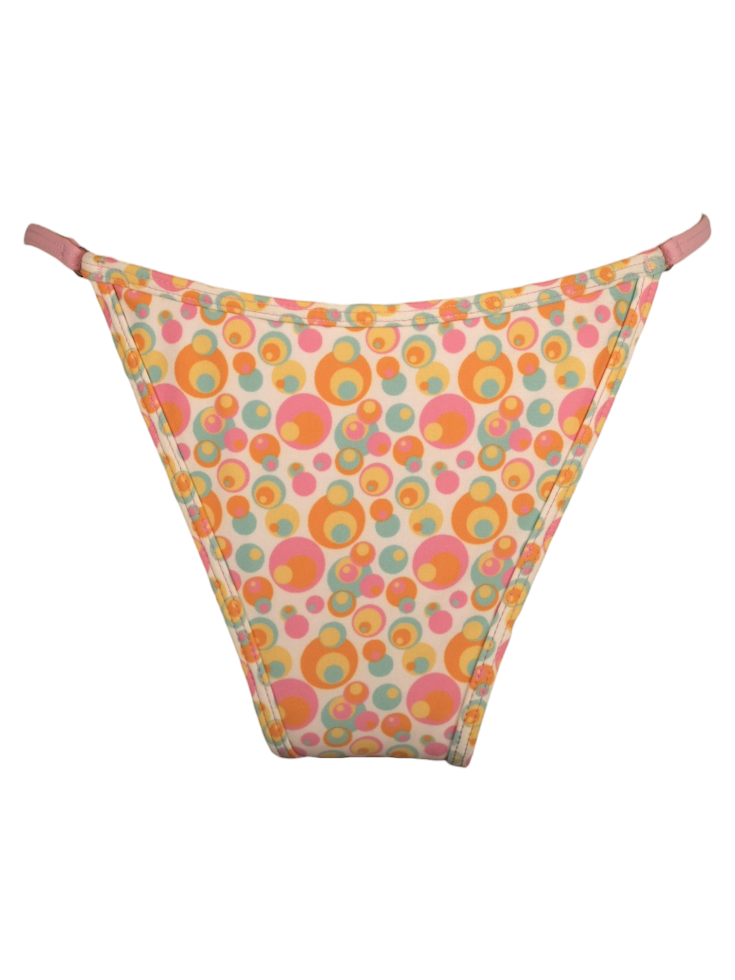 Weekend Spot Bikini Bottom in multicolor bubble dot print, cheeky cut with pink trim. Front view.