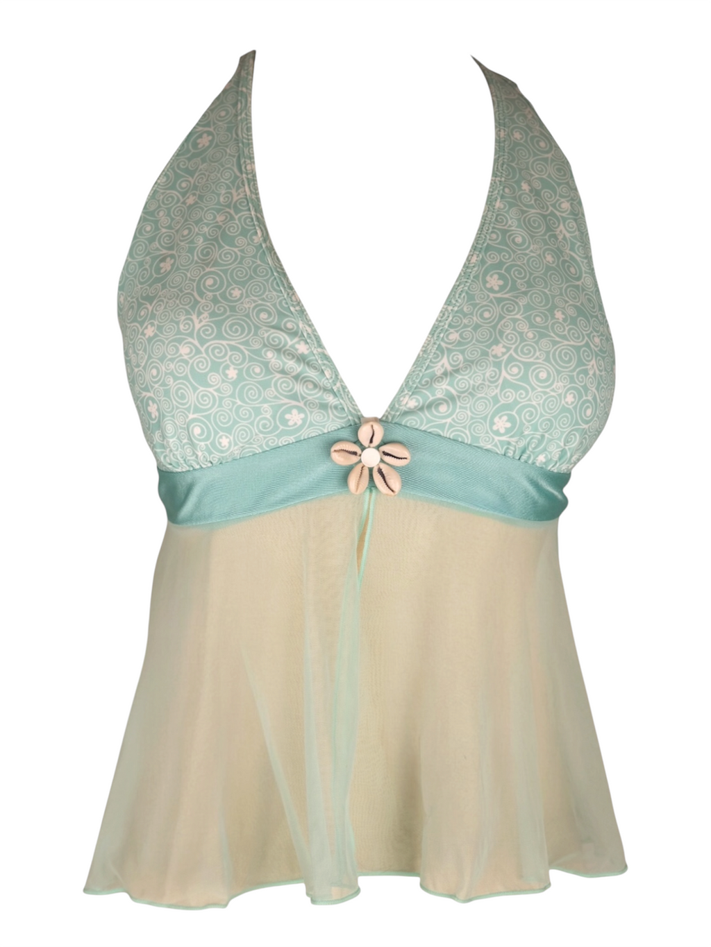 Beach Date Tankini Top in aqua halter with sheer mesh skirt and cowrie shell flower. Front view.