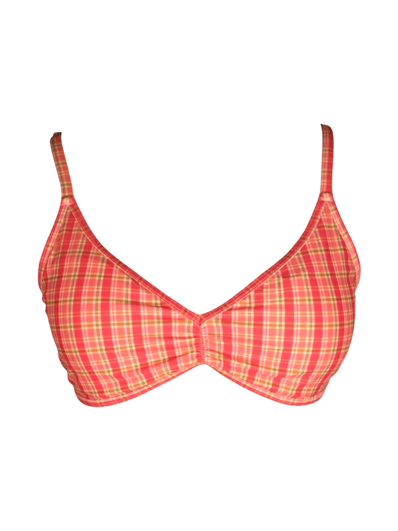Checked Out Bikini Top in coral and pink plaid, underwire bikini with scoop neckline. Front view.