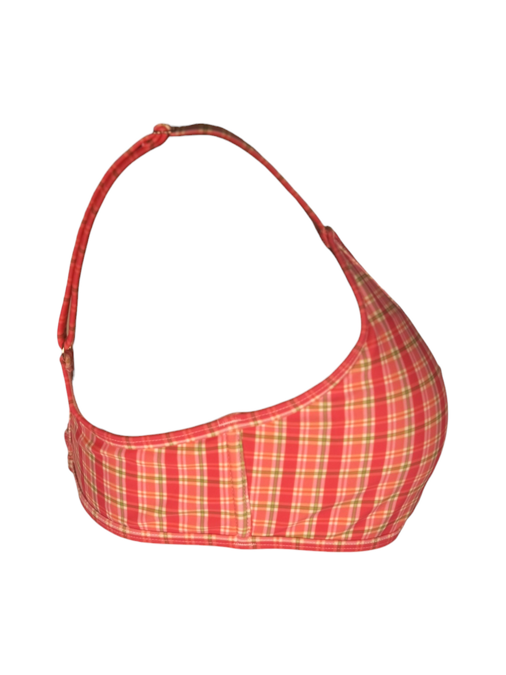Checked Out Bikini Top, coral plaid underwire bikini. Side view.