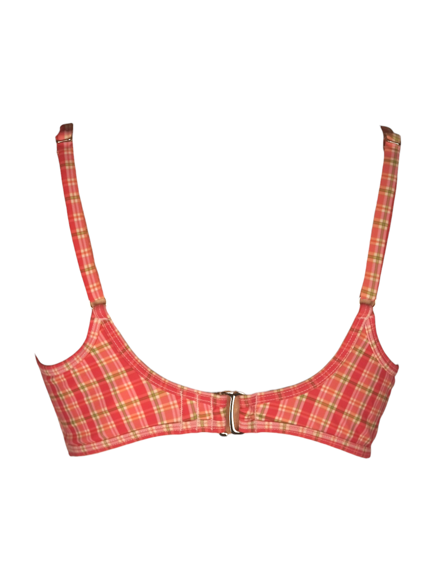 Checked Out Bikini Top in coral plaid. Back view.