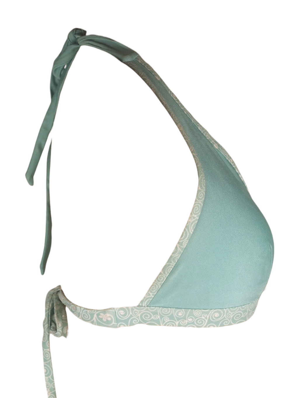 Wave Break Bikini Top, aqua halter bikini with swirl pattern trim. Alternate view.